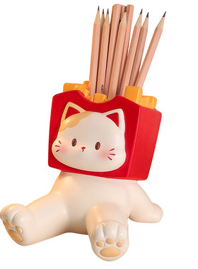 创意三花猫笔筒手机支架摆件