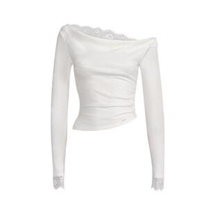 Kroche 浪漫蕾丝 不对称设计 蕾丝拼接抽褶斜肩荡领长袖T恤