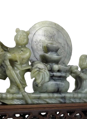 27CM玉石运财童子摆件招财运送财童子玄关客厅博古架高档工艺品