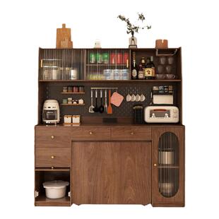 奢屋家具胡桃色实木餐边柜餐桌一体折叠伸缩多功能小户型不占空间