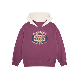 VISION童装 美式复古街头宽松落肩连帽拼色卫衣男女儿童25春新款