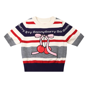 BarryBanny女童樱桃短袖针织衫英伦风复古条纹中大童圆领春季上衣