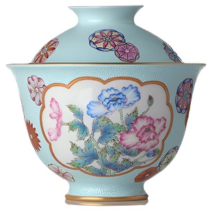栖凤居扒花皮球花开窗花卉描金重工粉彩盖碗100ml中式泡茶 茶具