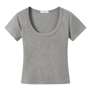 快乐兽 简约风u领正肩不露腰短袖T恤女基础款修身百搭纯色短上衣