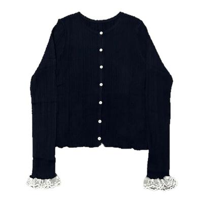 针织开衫羊毛拼接蕾丝花边上衣女