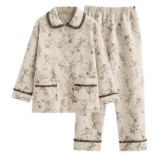 睡衣女士春秋款加厚纯棉长袖秋冬款空气棉夹棉中年妈妈冬季家居服