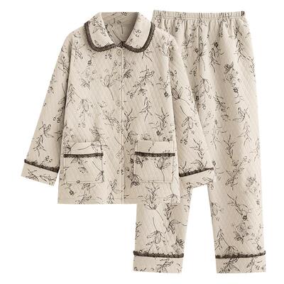 睡衣女秋冬款纯棉长袖夹层家居服