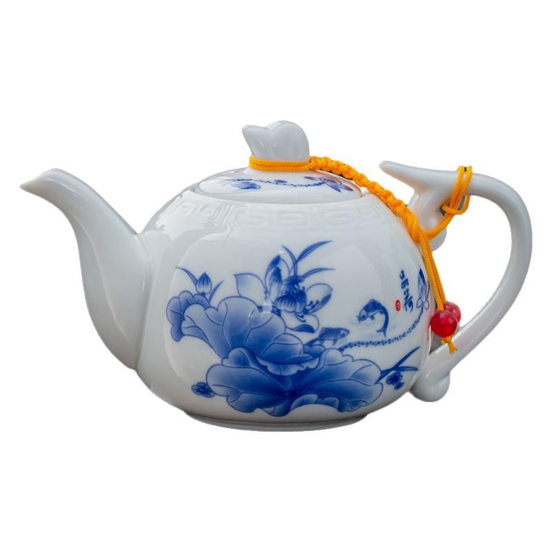 茶壶功夫茶具经典青花瓷陶瓷单壶中式白瓷客厅水壶泡茶釉下彩浮雕