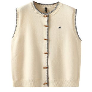 大码女装圆领拼色单排木扣针织马甲背心时尚刺绣别致无袖毛衣马夹