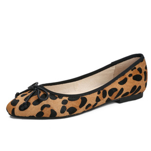 新款豹纹马毛真皮尖头浅口平底单鞋女时尚百搭蝴蝶结软底大码女鞋