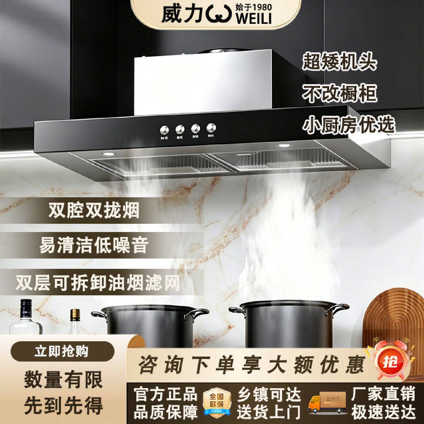 威力顶吸式油烟机厨房家用矮款小尺寸公寓出租房双吸双拢抽油烟机