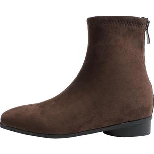 25爆款棕色小个子内增高方头靴绒面粗跟短靴法式加绒弹力瘦瘦靴女