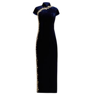 多丽琦国风新中式改良版古法旗袍显瘦秋冬高档宴会主持晚礼服蓝色