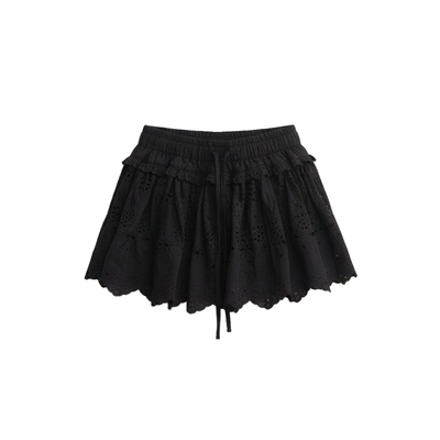 SPEAR YOUTH“未闻花名”定染黑色半身裙镂空绣花荷叶边短裙裙子