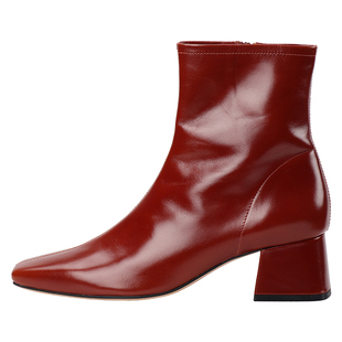 RIM RIM聆里塑型马皮鞋秋冬法式瘦瘦靴复古亮面粗跟短靴女时装靴