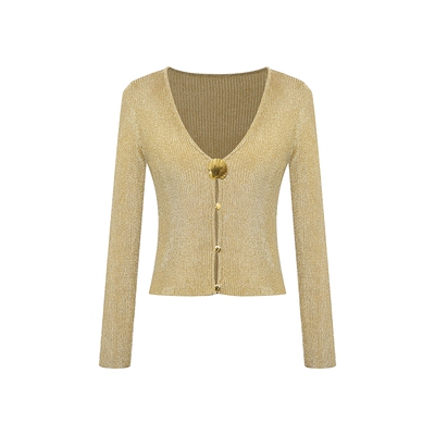Maison Wester2025年秋季新品立体裁剪贝壳扣修身针织上衣-金色款