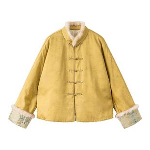 【诗禅】莨西子新中式国风水貂毛领棉服外套女袖口宋锦拼接棉衣