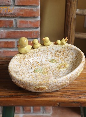 复古母子黄鸭盘  向日葵花纹陶瓷摆件 收纳庭院摆件
