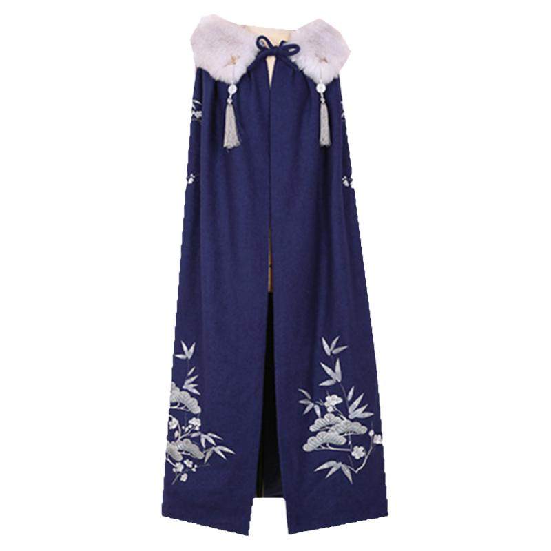 毛呢斗篷外套女长款红色披肩风汉服加绒厚保暖大衣毛领帽新娘秋冬