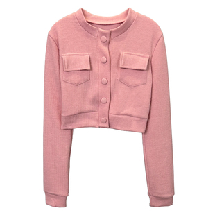 小香风灰色短款露腰长袖圆领夹克外套女春秋季显瘦修身又酷又飒潮