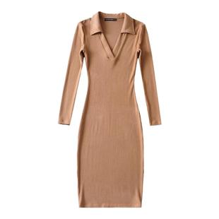 欧美ins性感辣妹紧身深V领连衣裙秋冬磨毛打底中长裙收腰弹包臀裙