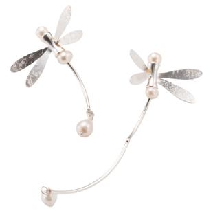 如此银作原创设计99纯银天然淡水珍珠蜻蜓耳环不对称时尚清新耳饰