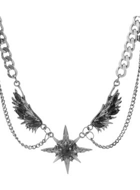 暗黑风芒星宝石镶钻翅膀项链