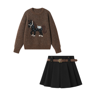 【蜜蜂欢乐社】秋冬穿搭一整套女新款休闲针织毛衣百褶短裙两件套