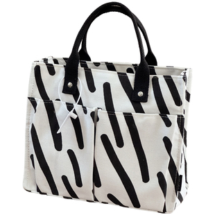 原创日系有型千鸟格帆布格纹手提托特文艺便携学生通勤便当餐盒包