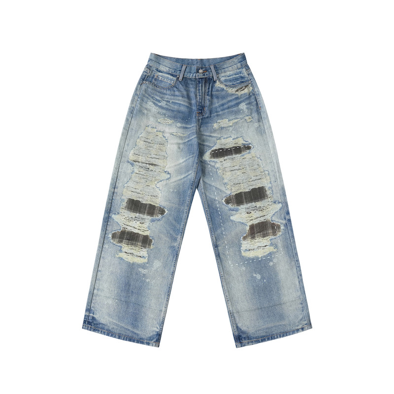 WHOOSIS（不知其名）数码3D打印破洞贴布直筒阔腿印花牛仔裤男女