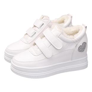 2024冬季新款小个子厚底内增高小白鞋皮面百搭休闲鞋松糕加绒棉鞋