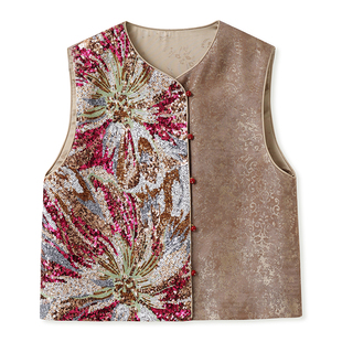 新中式国风版轻奢时尚气质背心亮片刺绣设计感人丝无袖马甲 N3105