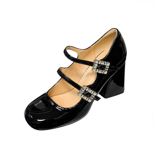 法式玛丽珍女鞋2025新款秋冬双扣带水钻浅口小皮鞋粗跟黑色高跟鞋