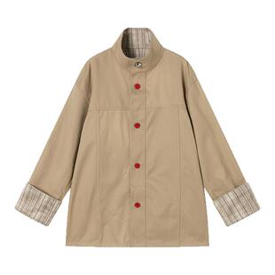 REDREF 双面可穿卡其格纹撞色牛骨扣风衣