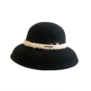 2025秋冬新款毛呢奢华珍珠贴标渔夫帽时尚珍珠毡帽复古赫本黑盆帽