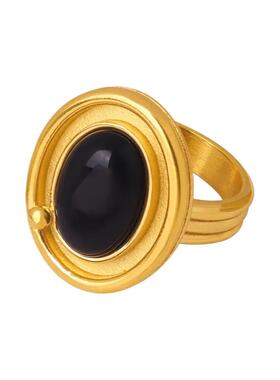 椭圆黑玛瑙戒指女钛钢镀18K金