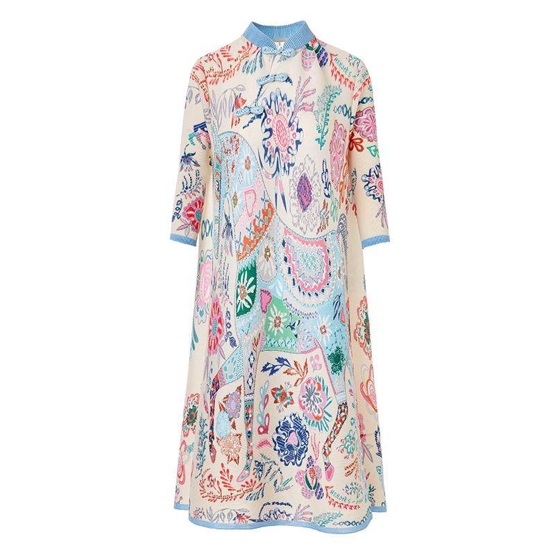 妈妈衣服三亚海边度假连衣裙春季新款褶皱大码女装三宅印花弹簧裙