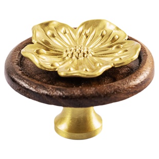 铜匠师法式复古轻奢黄铜原木胡桃木花朵圆形拉手抽屉柜门把手装饰