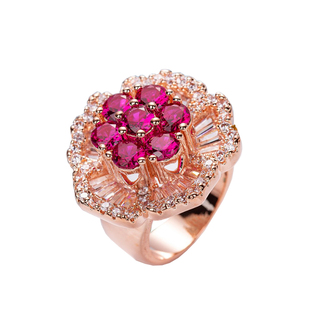 高品质珠宝玫红钻唯美花型戒指玫瑰金彩色宝石豪华群镶夸张花朵女