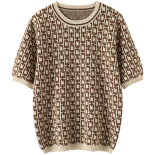 散发着高贵感！咖色链条提花圆领羊绒短袖女纯羊绒衫加厚毛衣秋冬