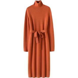 版型升级!系带加厚高领羊绒衫女长款连衣裙纯羊绒毛衣针织裙子