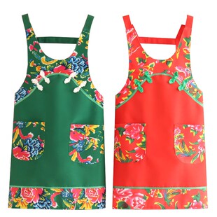 新款东北大红花围裙创意中式饭店农家乐餐饮专用上班厨房定制印字