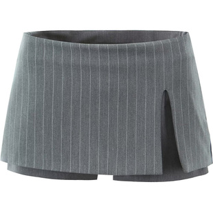 灰色细条纹开叉裙裤低腰防走光半身裙女小个子迷你包臀西装短裙子