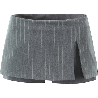 灰条纹开叉西装短裙女防走光半裙