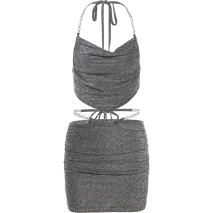 KLIOU 辣妹炸街blingbling荡领挂脖不规则背心显瘦包臀短裙两件套