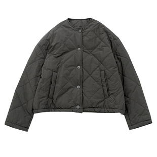 KNgs 冬季复古风简约菱形格纹圆领短款内胆棉衣外套女