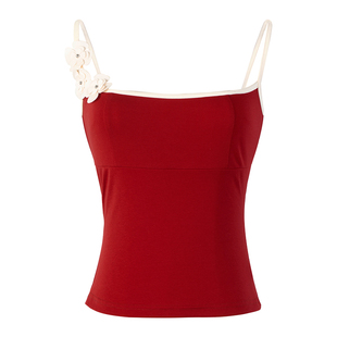 PynkiSwear 红色/黑色撞色手工花朵吊带上衣显瘦修身背心女夏