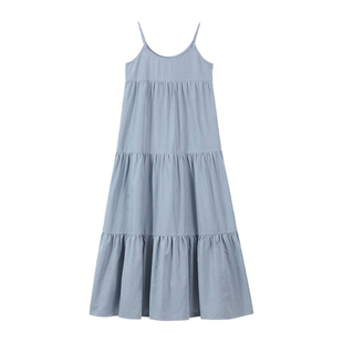 吴童童 蓝色露背无袖吊带连衣裙女夏季新款韩系宽松拼接海边裙子