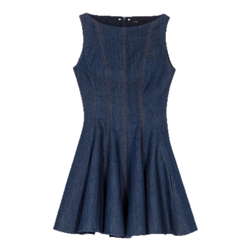 季末7折Maje2025秋冬新款女装法式气质A字无袖短款收腰牛仔连衣裙