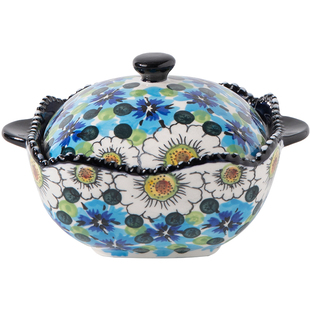 波兰彩陶瓷甜品碗家用炖盅高颜值双耳碗蒸鸡蛋羹专用碗带盖蒸碗